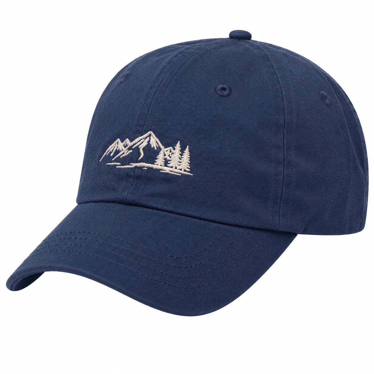Gorra de béisbol talla única de tejido azul marino con bordado de montaña para uso diario