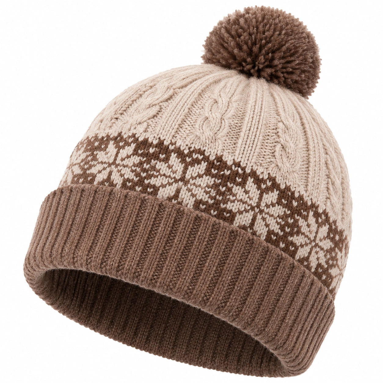 Gorro de punto talla única beige y marrón con pompón para invierno
