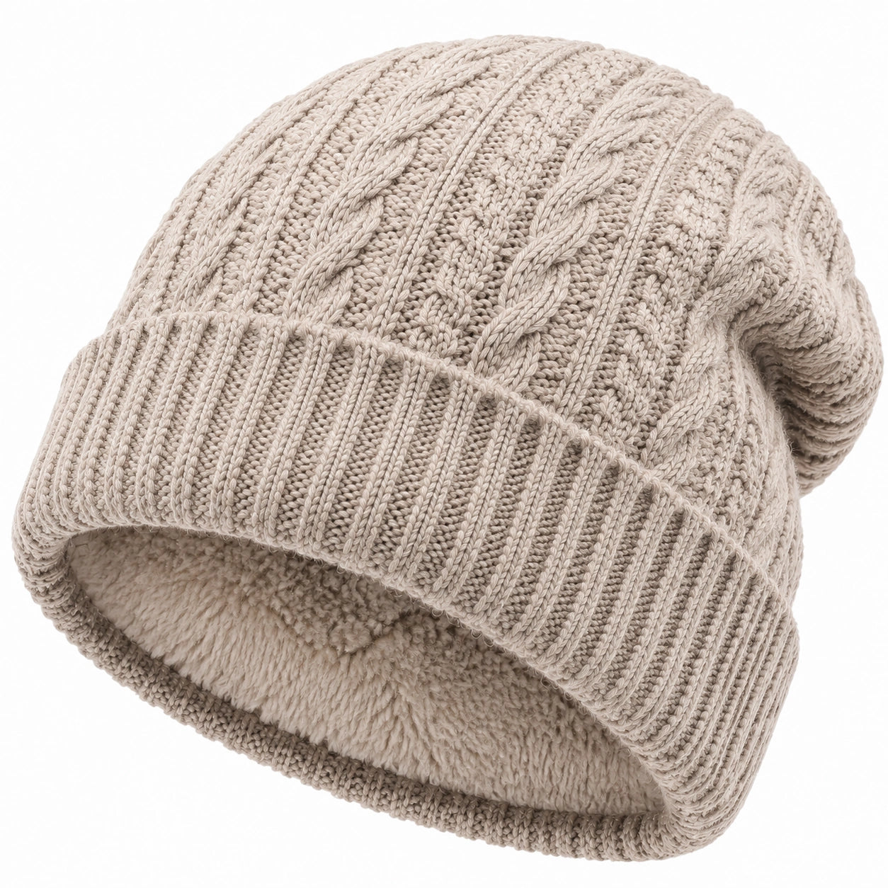 Gorro de punto talla única beige con forro afelpado y diseño trenzado