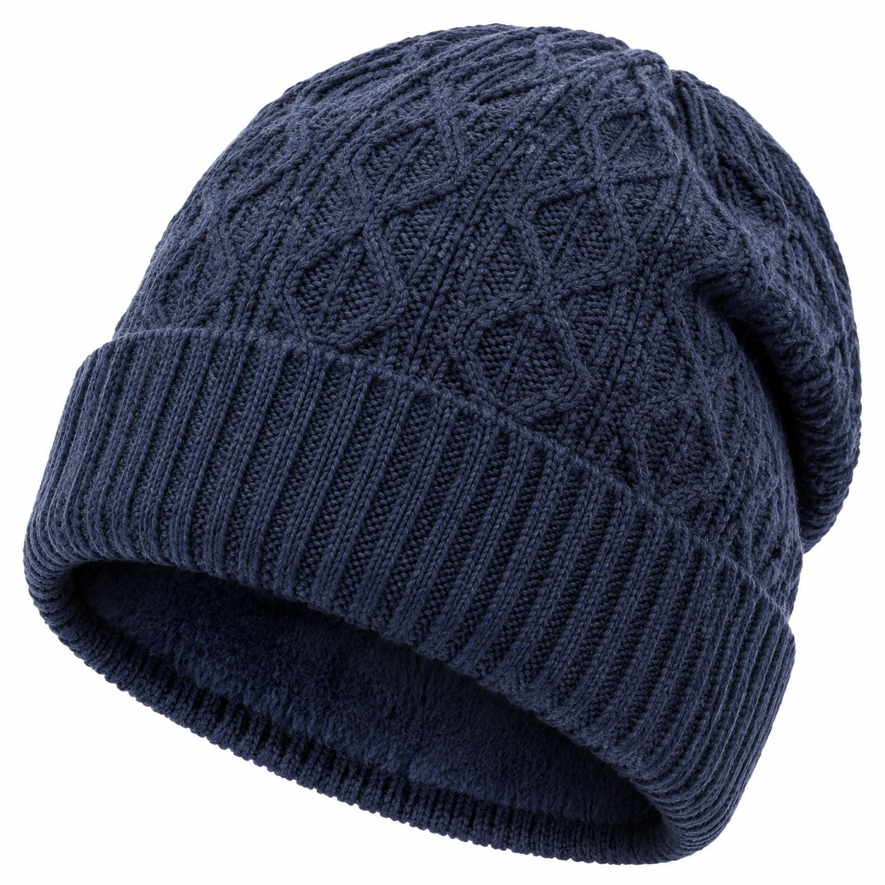 Gorro de punto talla única azul marino con trenzas y borde elástico