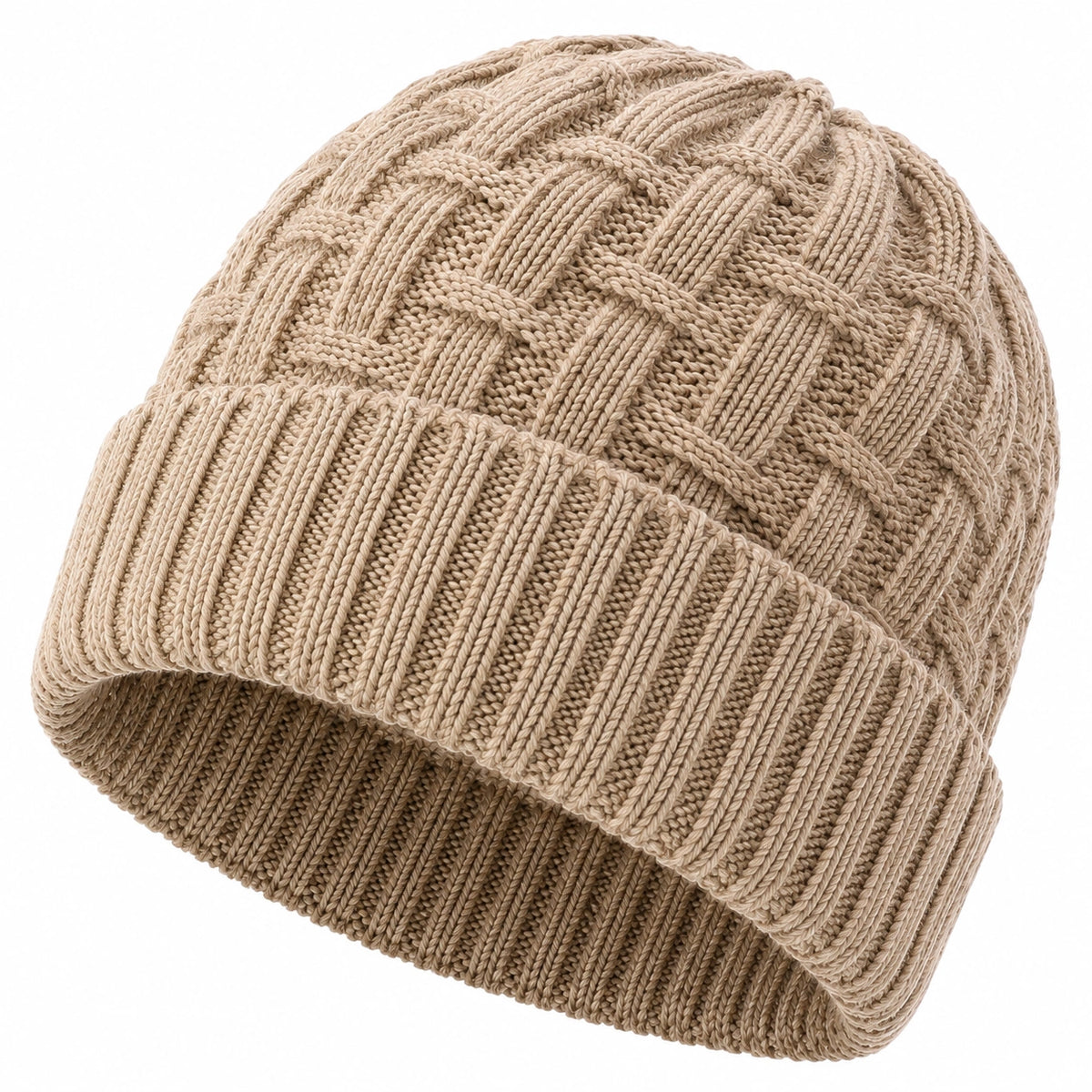 Gorro de punto talla única beige con trenzas y borde doblado para uso diario