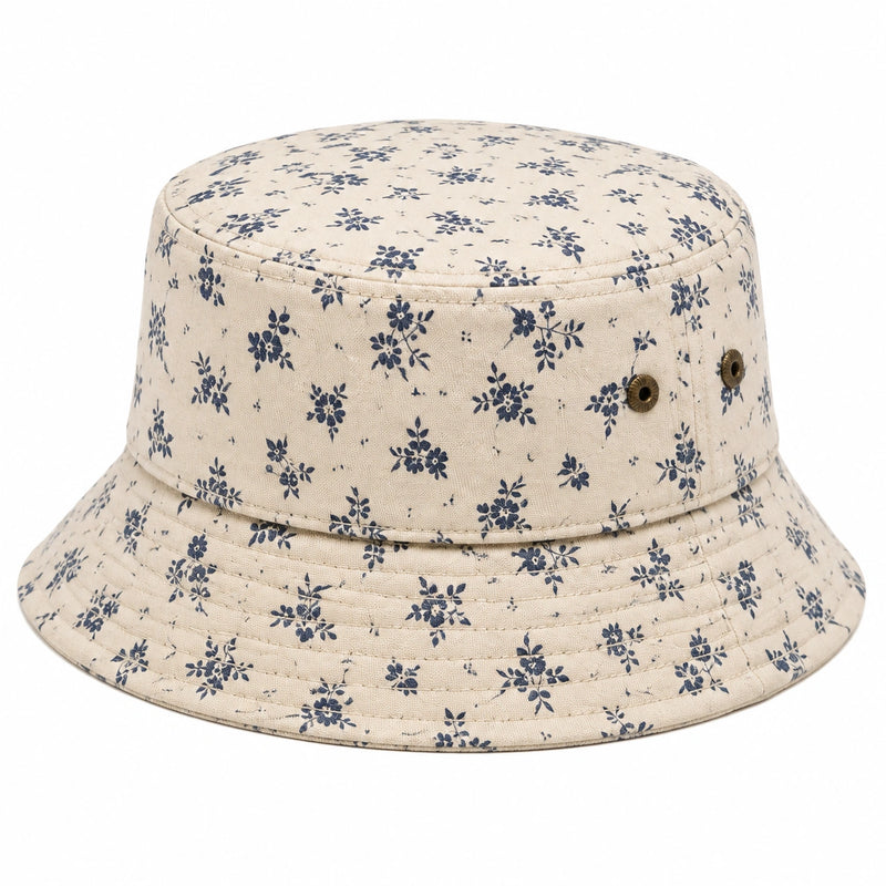 Sombrero de pescador talla única de tejido beige con flores azules para uso diario