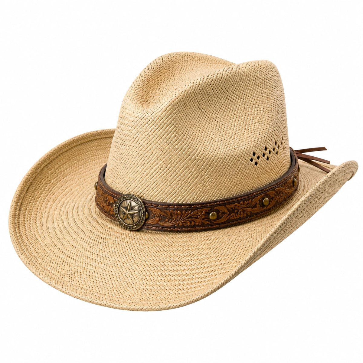 Sombrero vaquero talla única de paja beige con banda de cuero estilo western