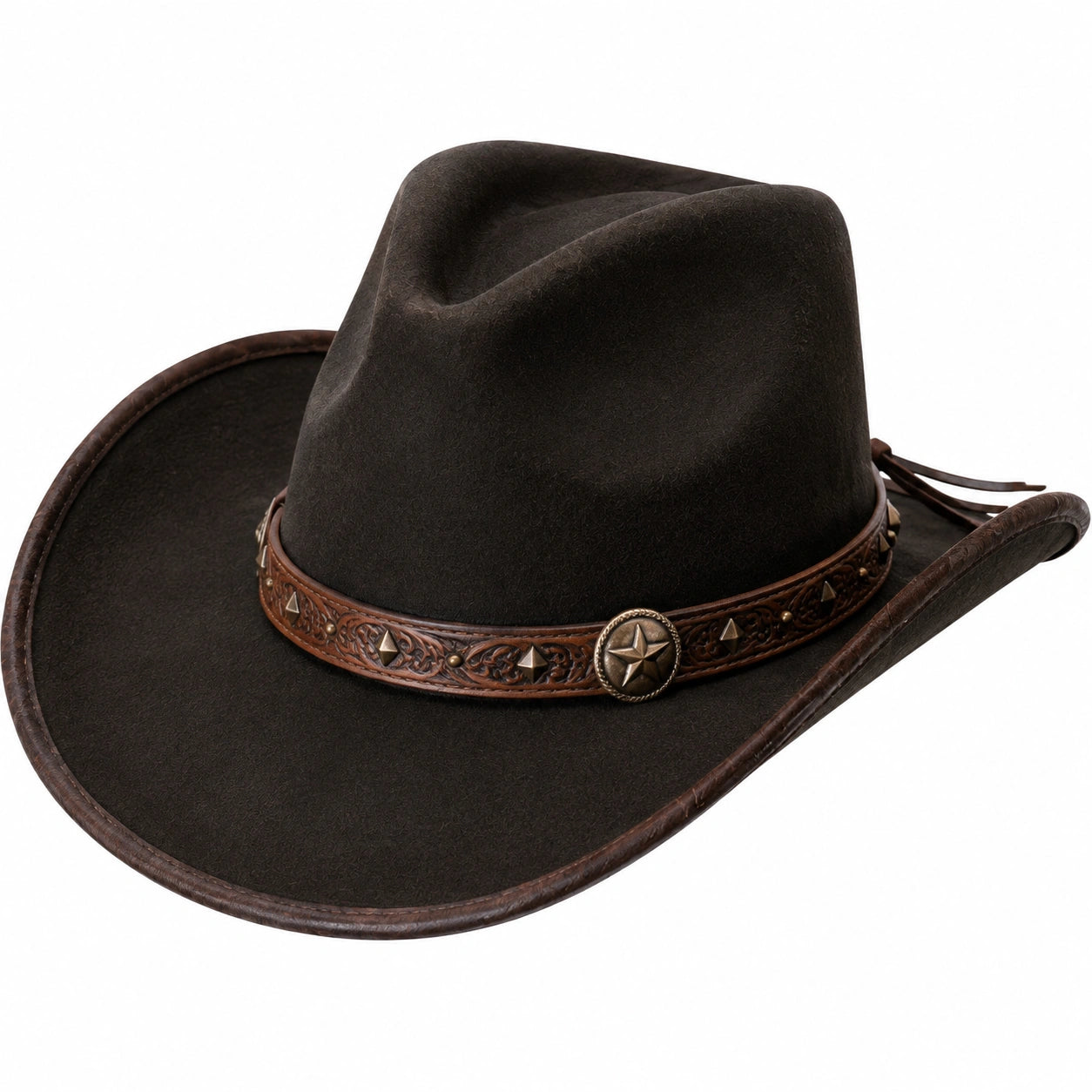 Sombrero vaquero talla única de fieltro marrón oscuro con banda decorativa estilo western
