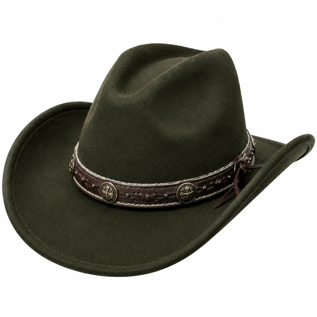 Sombrero vaquero talla única de fieltro verde oscuro con banda de cuero estilo western